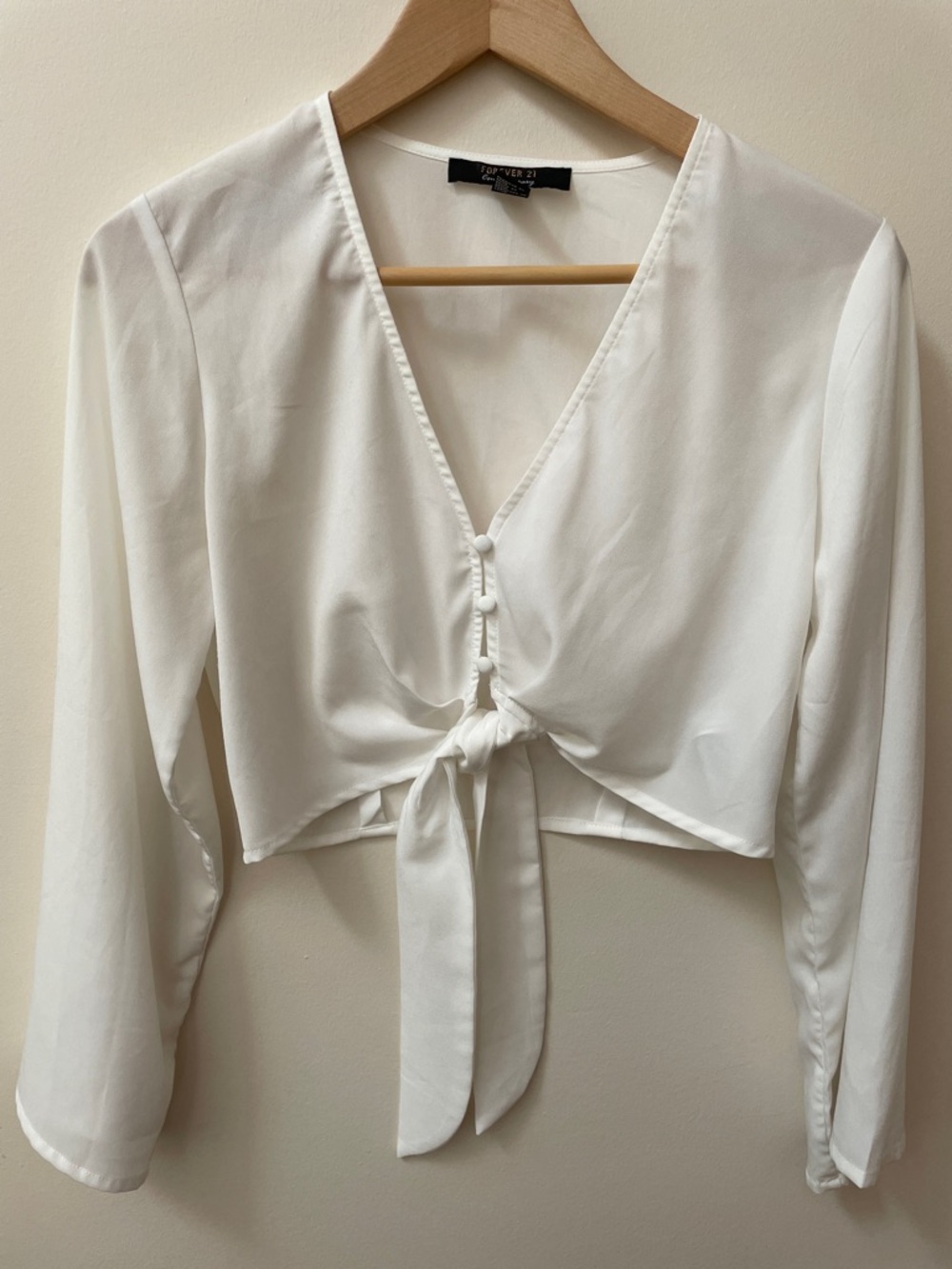 (2 for $20) Forever 21 White Tie-Front cropped peasant blouse with buttons